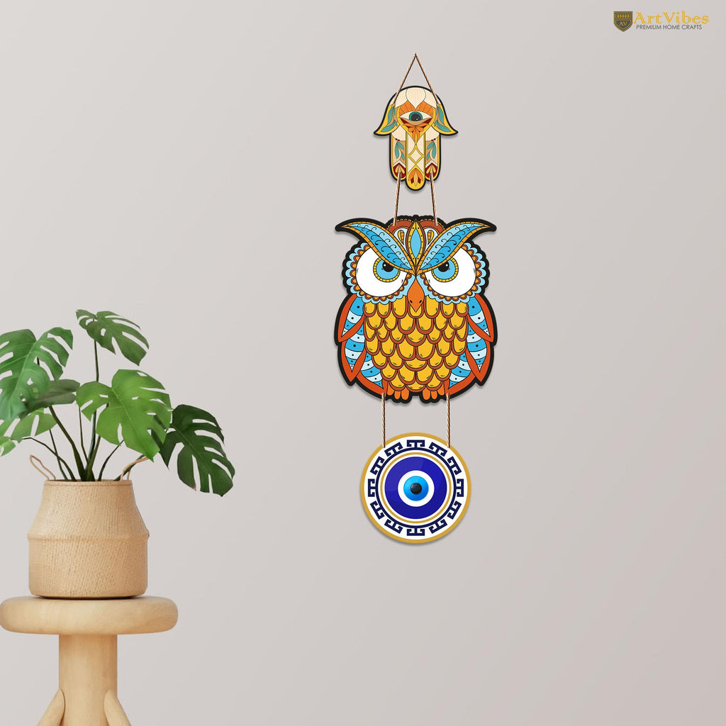 Artvibes Owl Shape Luck Prosperity MDF Wood Wall Hanger Ornaments For Vastu For Home Decoration | Livingroom | Spiritual Decor Item | Wall Illustrations | Ethnic Wall Decor | Wall Art Print (WH_8504N)