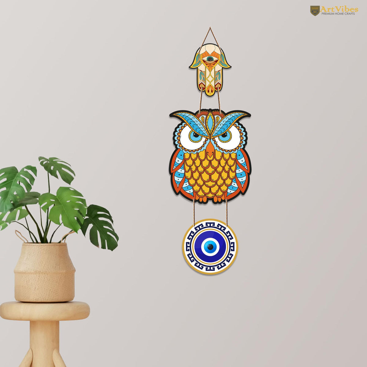 Artvibes Owl Shape Luck Prosperity MDF Wood Wall Hanger Ornaments For Vastu For Home Decoration | Livingroom | Spiritual Decor Item | Wall Illustrations | Ethnic Wall Decor | Wall Art Print (WH_8504N)