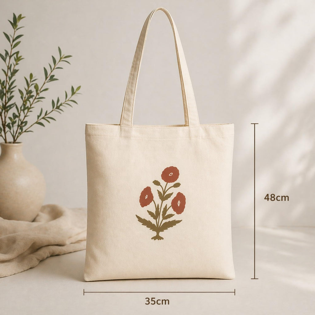 Neelkanth Imprint Eco-Friendly Hand Block Printed Floral Cotton Canvas Tote Bag, Reusable Shopping & Daily Use Shoulder Handbag