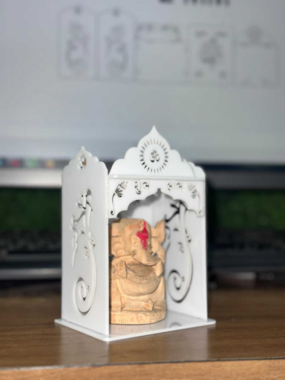 Culture Creative Mini Decorative Metal Mandir for Home | White Tabletop Temple with Lord Ganesha, Om & Swastik Cutouts | Compact Pooja Altar for Diya & Prayer Size 5x3