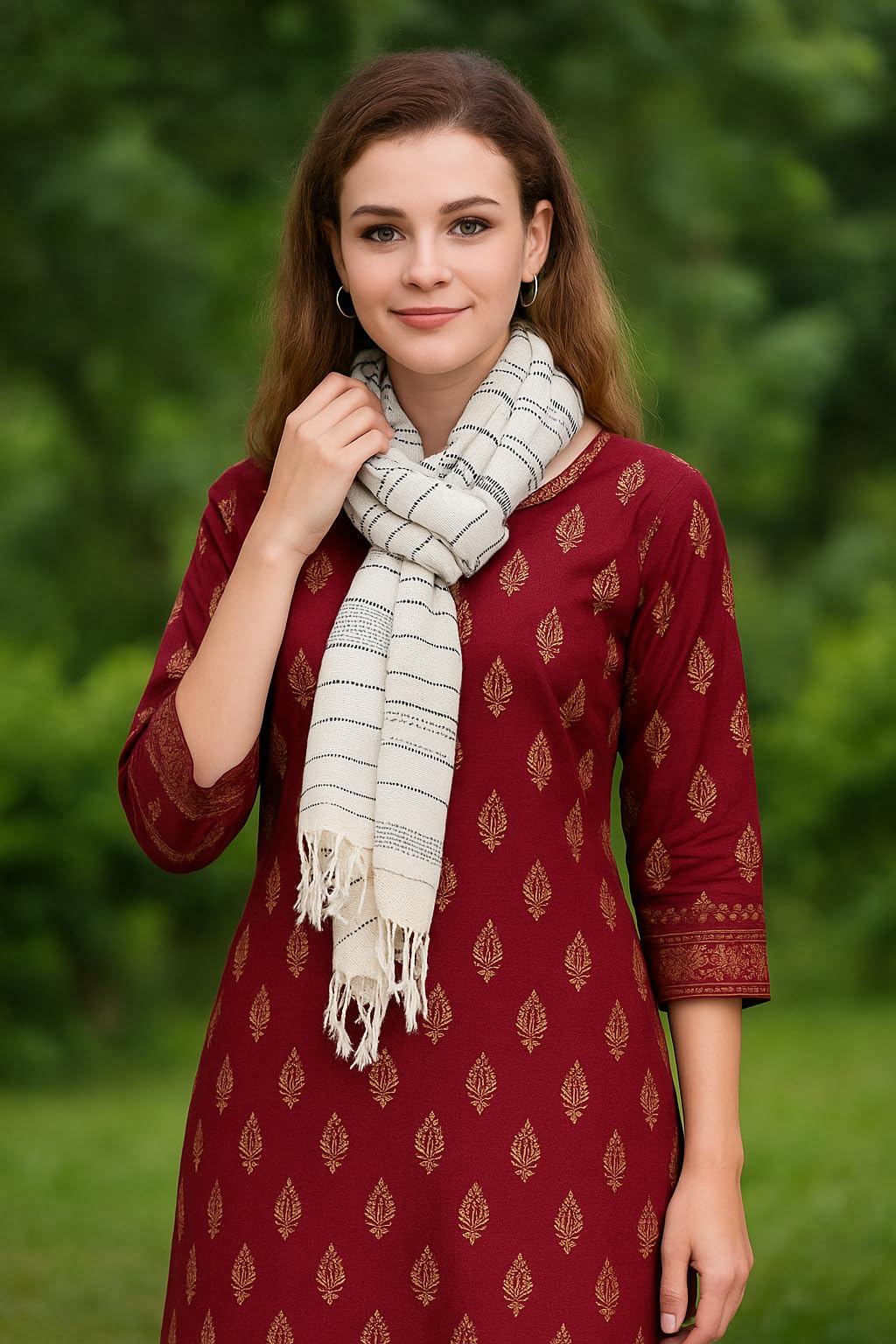 FWC Fill With Colours Stole/Scarf For Female Colour- White Soft Viscose Cotton Blend Ethnic Stripes Pattern Scarves Pack Of 1 ST-15