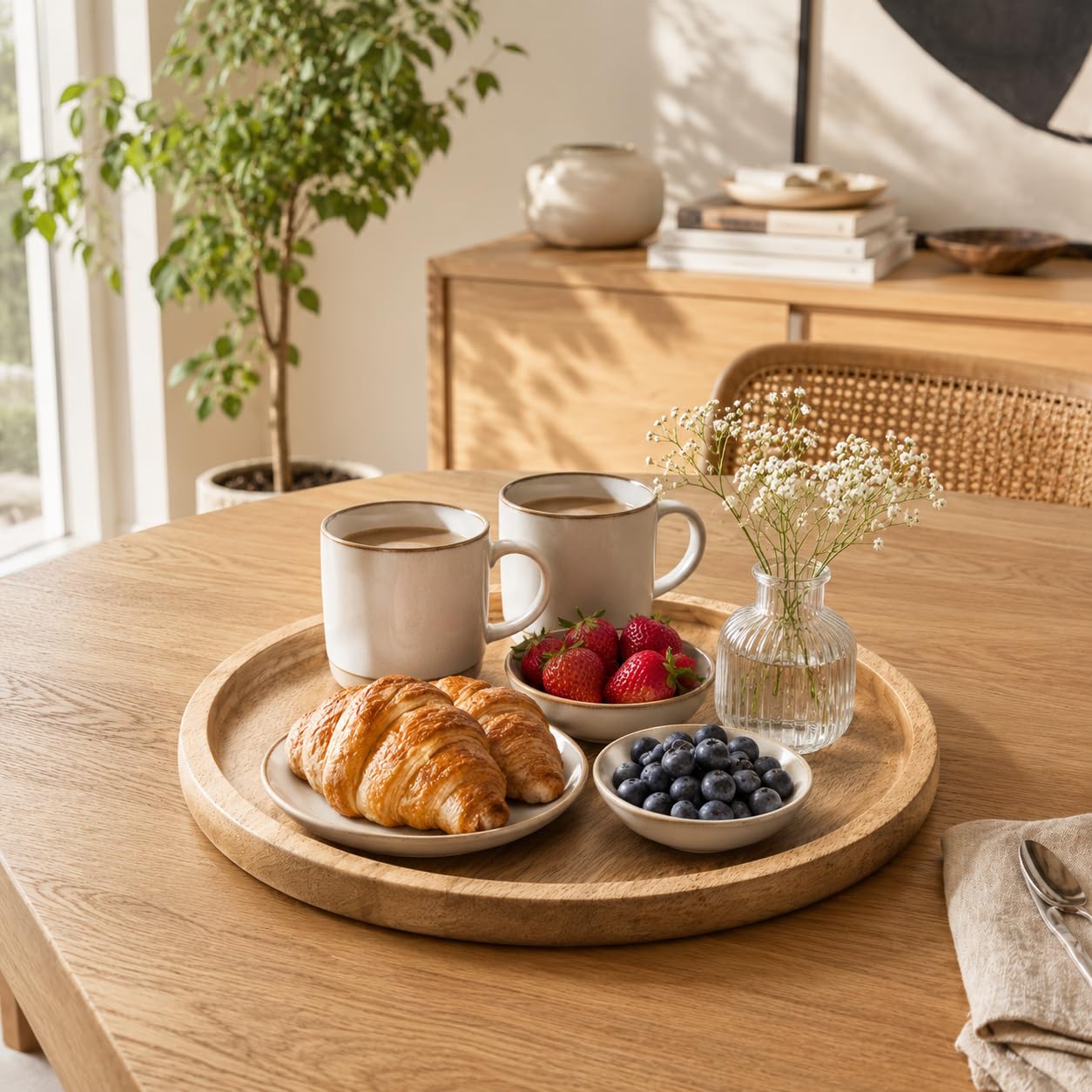 Round Wood Tray for Home Decor, Wooden Serving Tray, Decorative Trays for Home Decor, Wood Tray for Serving Snacks and Breakfast