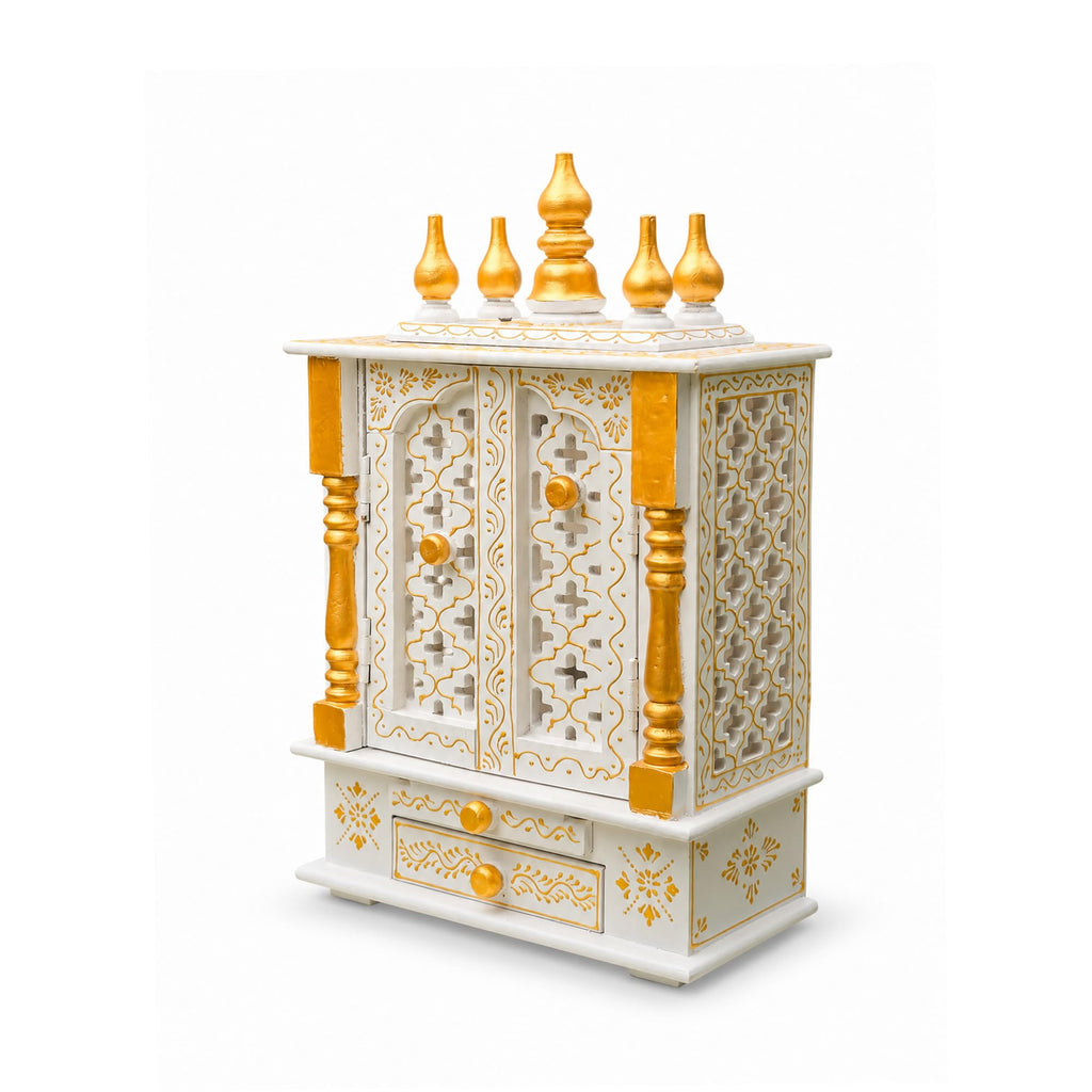 Vipron Handmade Wooden Temple Mandir in White & Gold, Hand-Painted with Carved Panels; Perfect Decorative Pooja Shrine for Home or Office, 30x15x40 cm