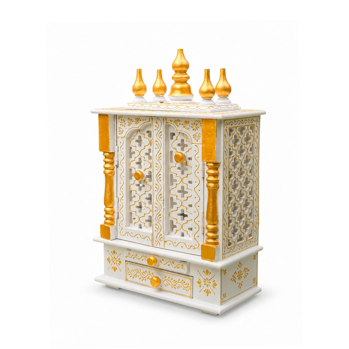Vipron Handmade Wooden Temple Mandir in White & Gold, Hand-Painted with Carved Panels; Perfect Decorative Pooja Shrine for Home or Office, 30x15x40 cm