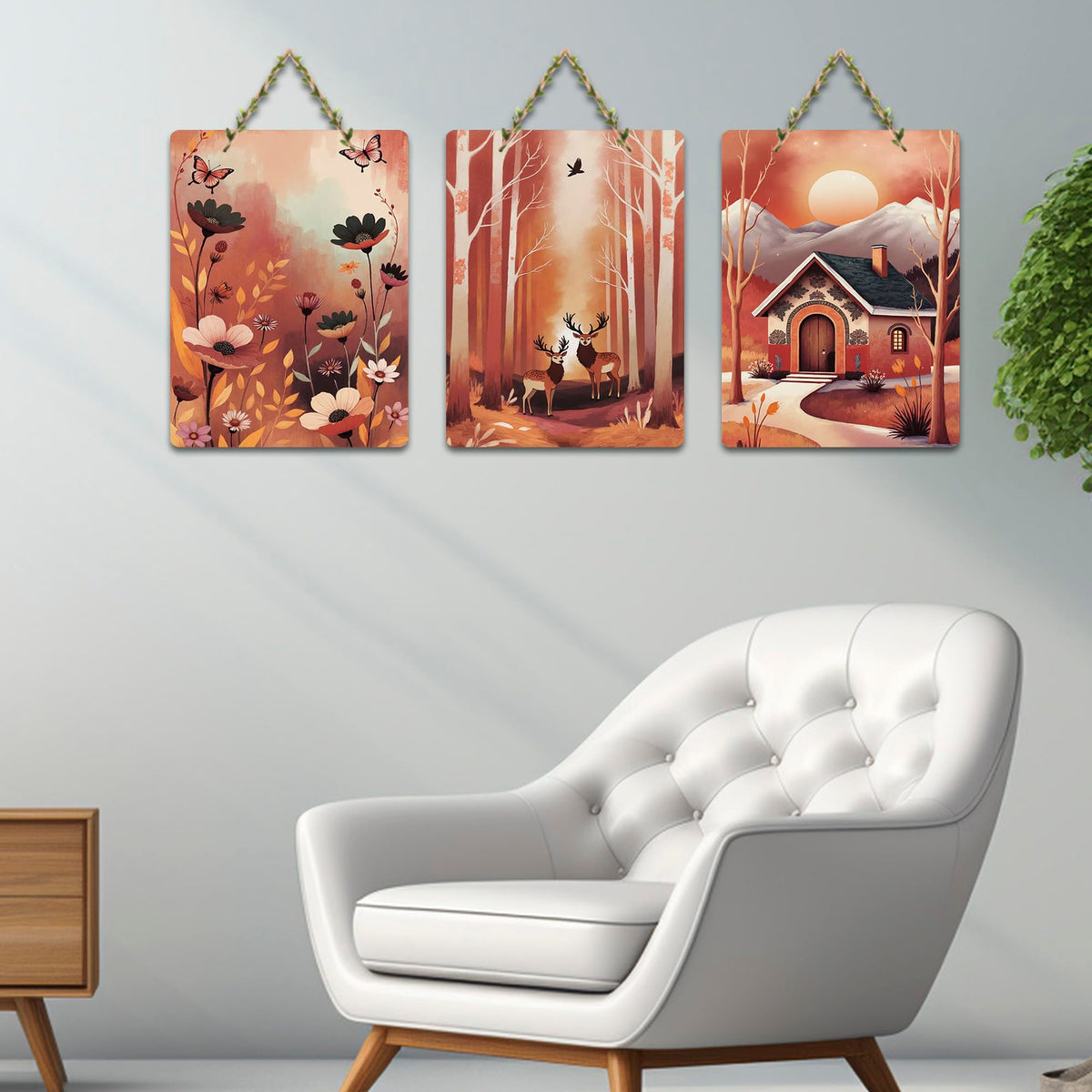 Artvibes Autumn Forest Floral Sunset & Cottage Decorative Wall Art MDF Wooden Wall Hanger for Living Room | Wall Accent | Sceneries | Wall Art Print | Graphic Artwork | Gift Items (WH_9665N), Set of 3