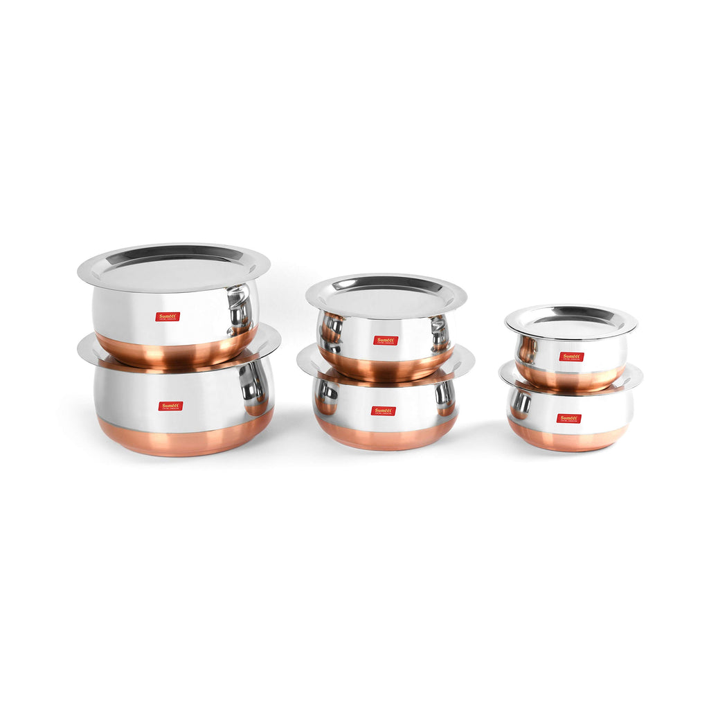 Sumeet Stainless Steel Copper Bottom Belly Shape 6 Pc Tope/Cookware/Pot Set with Lid 380ML, 500ML, 780ML, 1.1Ltr, 1.4Ltr, 1.75Ltr (Silver)