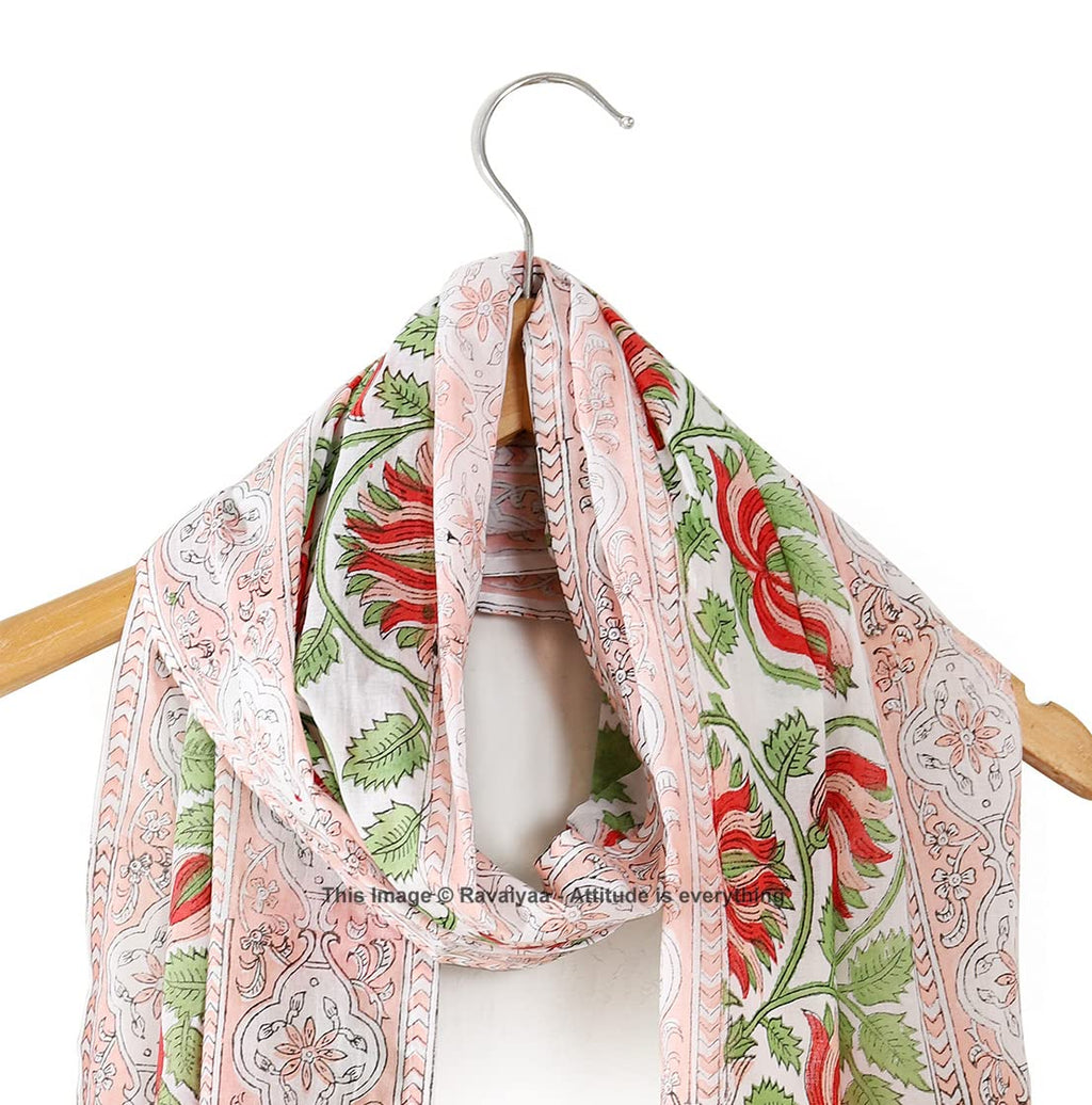 Ravaiyaa - Attitude is everything Hand Block Printed Cotton Long Stole Scarves Hijab Neck Wrap Scarf 71 X 21 Inch (White Lotus Floral), (female)