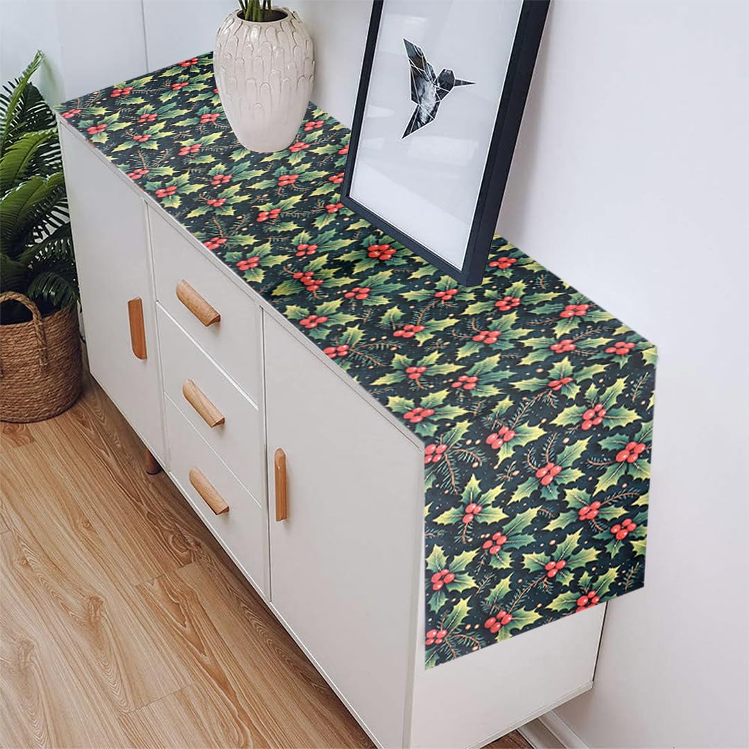 PRAKARTIK BY INDUARTS 135 cm Dining Table Runner - Cherry Christmas Leaves Theme,Digital Print, Washable, Indoor/Outdoor, Heat-Proof, Wipe & Clean (135X33 cm) Red & Green Kafalo