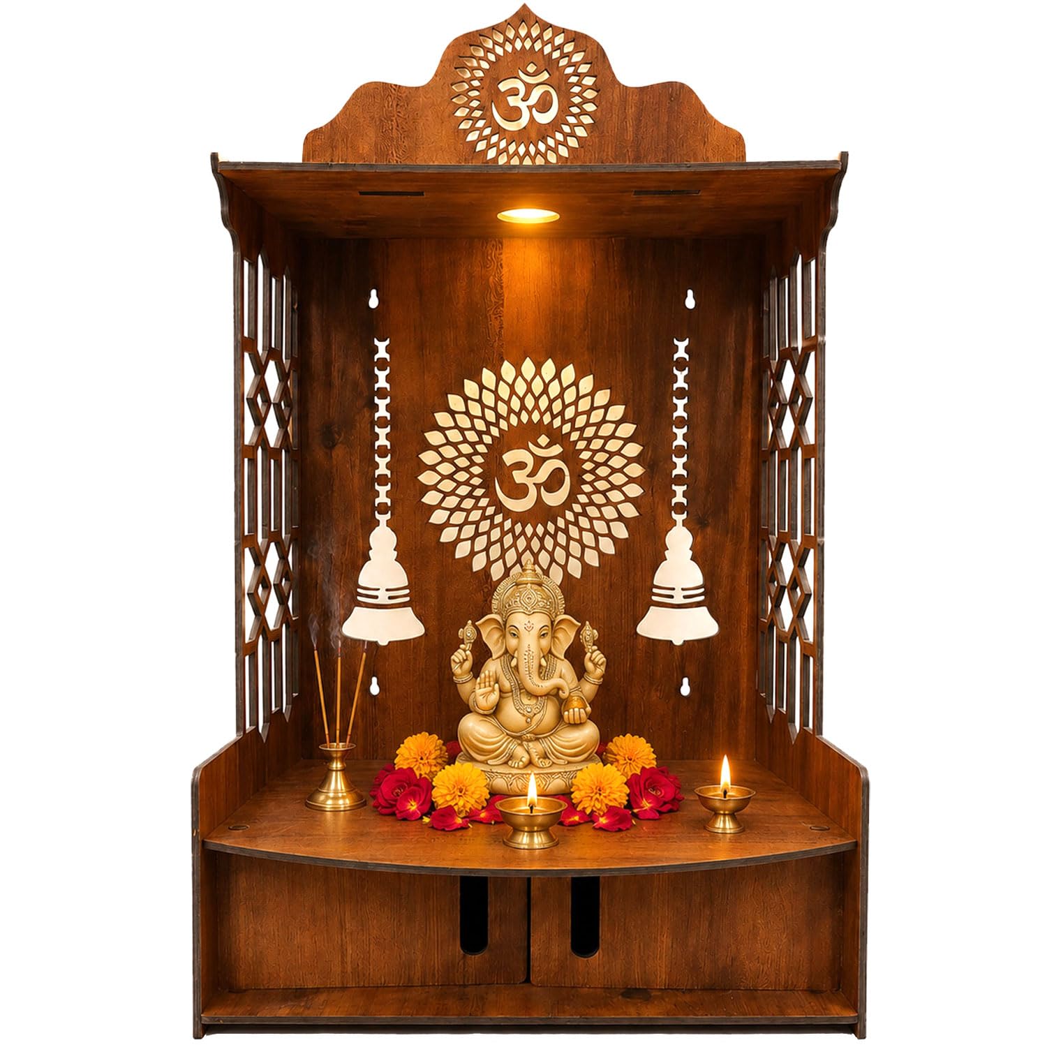SIGNAMIO Mandir for Home with LED Light | Wooden MDF Puja Mandir | Wall Mounted Temple | Home Temple with Storage Drawer | Decorative Wooden Temple for Living Room & Prayer Room