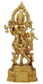 ARTVARKO Brass Murti Lord Krishna Idol God of Love Playing Flute for Home Décor Living Room Metal Statue Temple Gift Item Gold Polish Height 13.7 Inch