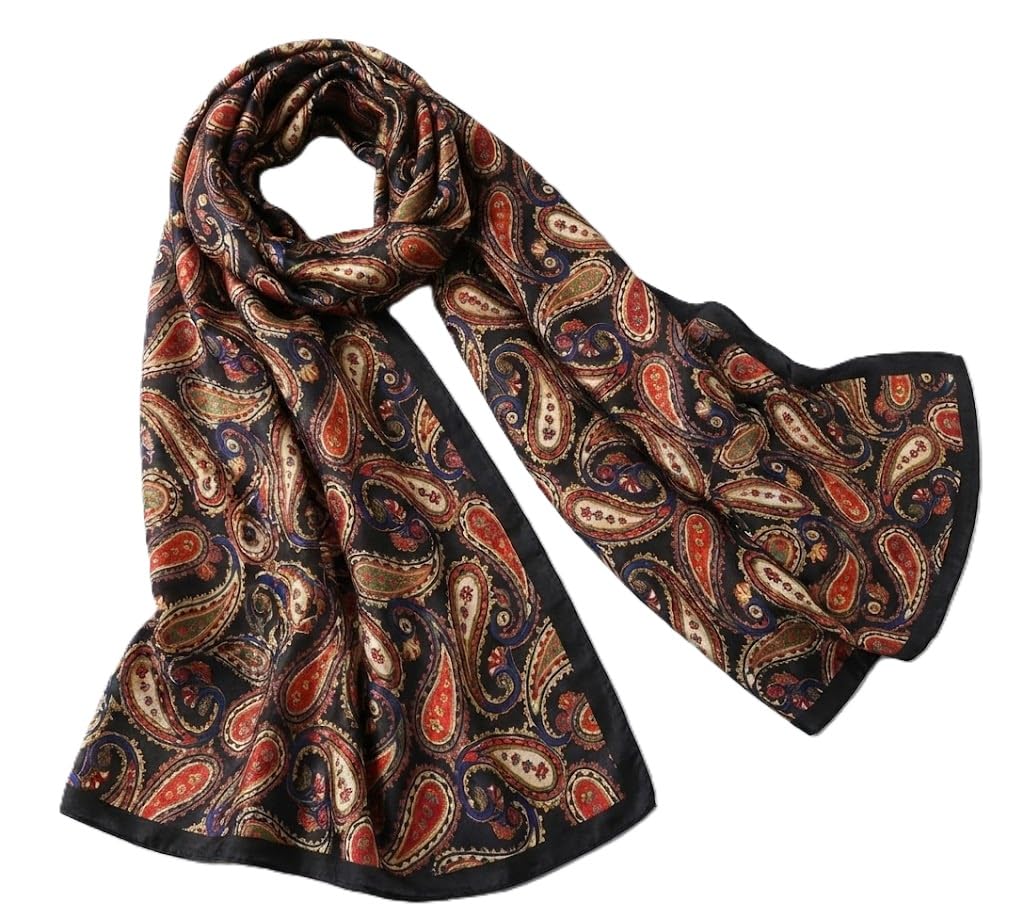 Alexvyan Satin Silk Summer Scarves 180 x 84 cm, Brown Paisley Theme with Stitched Border, Lightweight Fashion Scarf for Women Sun Protection Stole