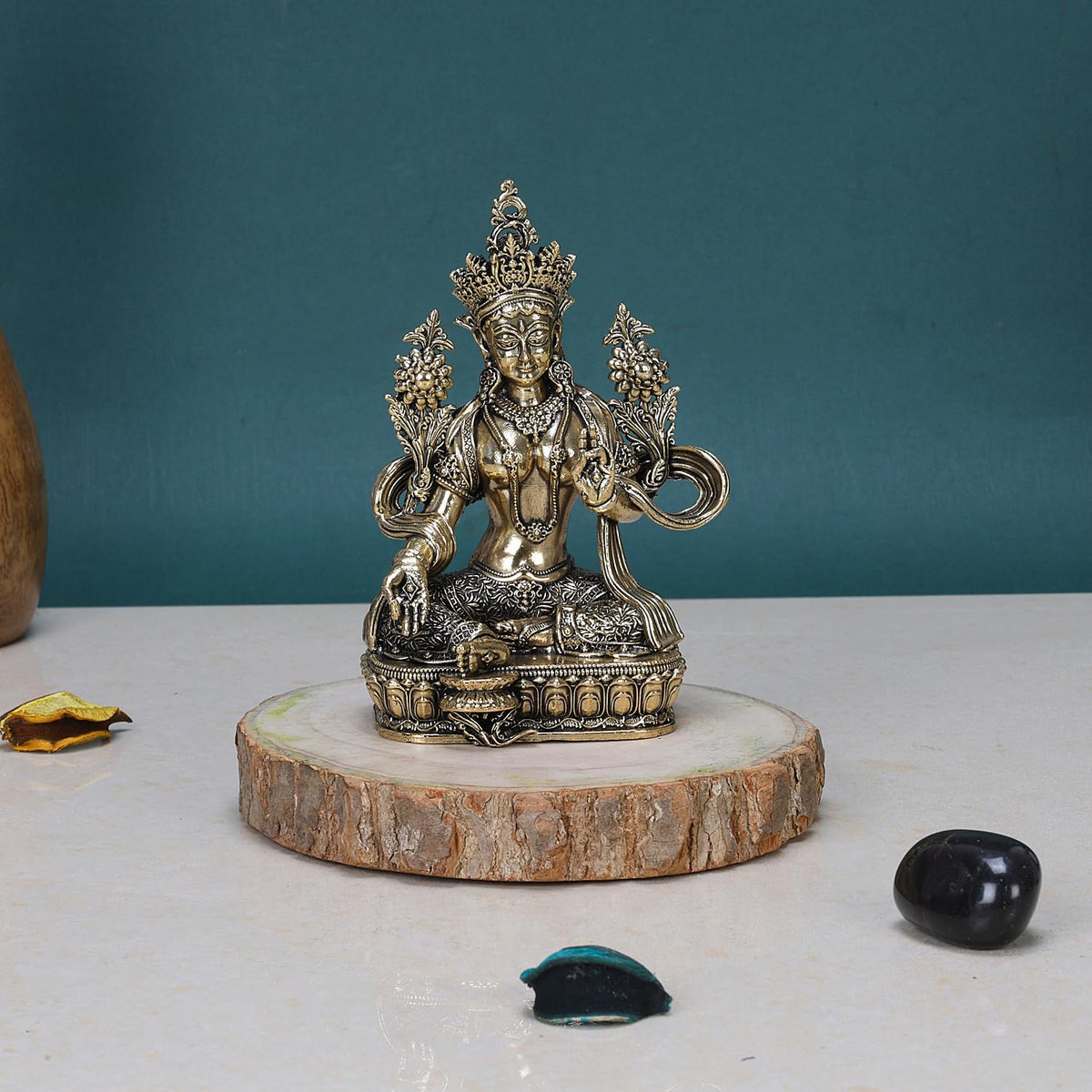 ARTVARKO Brass Tara Devi Statue Tibetan Goddess Religious Green Tara Statue for Health Happiness Wealth Idol Home Decor Sculpture 4.5 Inches