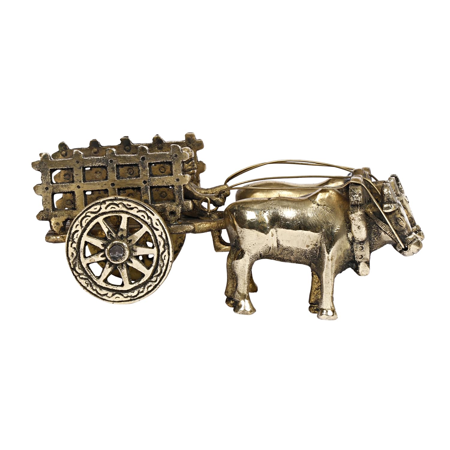 SVARUP Brass Vintage Bullock Cart with Double Bull with Farmer Decorative Showpiece Bullock Cart Standard, Pack of 1