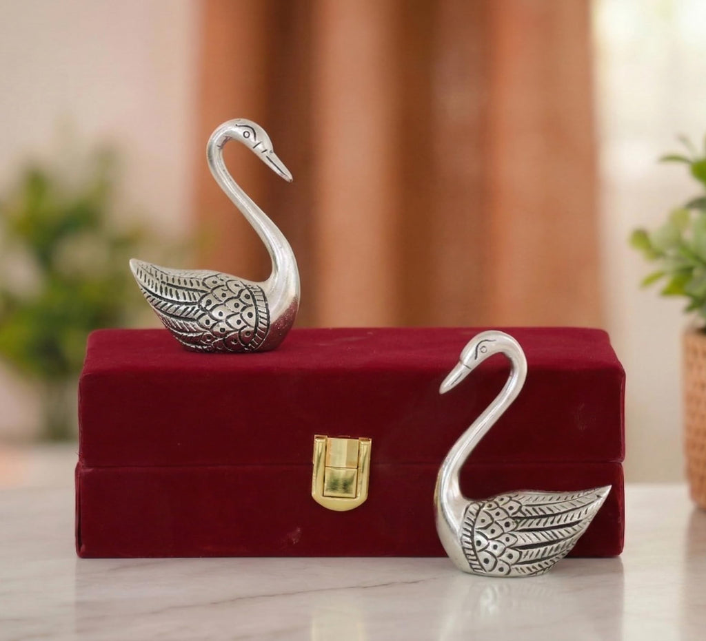 KridayKraft Handcrafted Silver Finish Metal Swan Pair in Premium Red Velvet Gift Box | Decorative Love Birds Showpiece for Anniversary, Wedding, Birthday, and Valentine's Day.