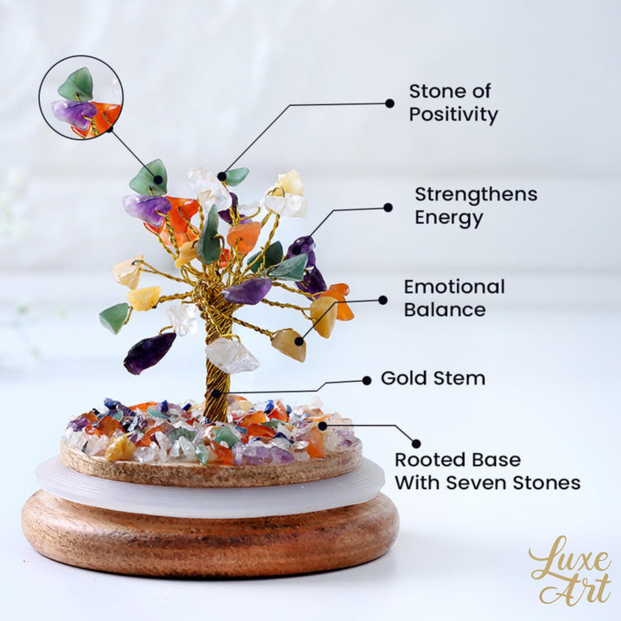 Luxe Art 7 Chakra Crystal Tree in Glass Dome, Handmade Gemstone Bonsai with Wooden Base, Small 15cm Decorative Tree for Home Office, Spiritual Healing Décor