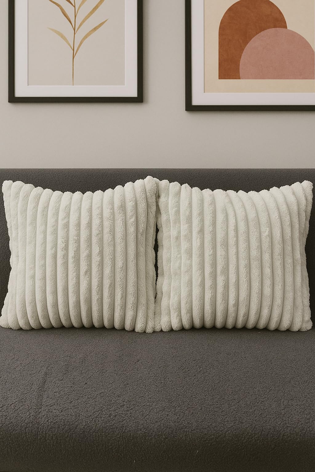 AWARD VELVETS Premium Faux Rabbit Fur Plush Luxury Soft Fluffy Striped Decorative Throw Pillow/Cushion Covers for Sofa, Couch, Living Room - (Light Grey, 16 x 16 inch) Set of 2