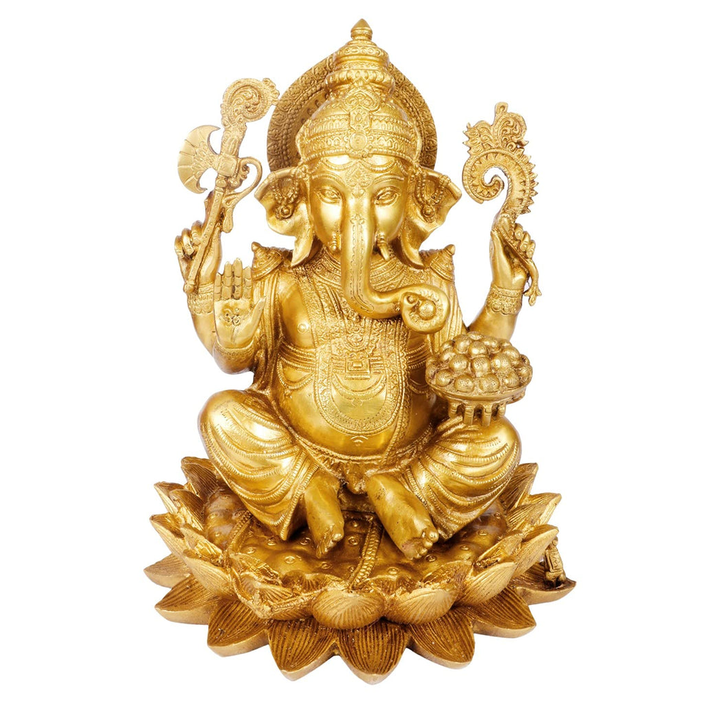 ARTVARKO Brass Ganesha Sitting on Lotus Flower Base Statue Ganesh Murti for Home Temple Gift Décor Office Height 11 Inches