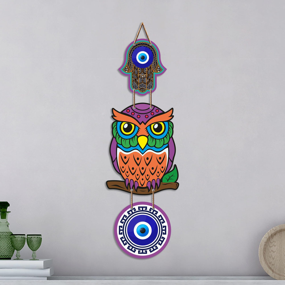 Artvibes Decorative Owl Evil Eye Wall Hanging for Home Entrance | Nazar Battu MDF Wall Decor for Positive Energy | Lucky Owl Vastu Wall Art for Living Room | Bedroom | Hallway | Gift Item (WH_8523N)