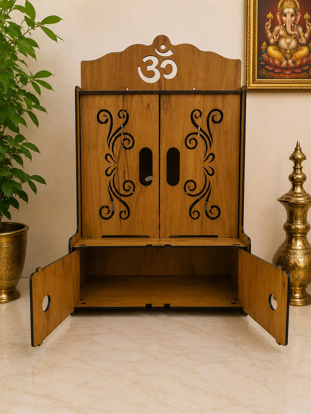EXPRO Wooden Pooja Mandir with OMWITHBELLS Cut Decorative with Door Engineered Wood Home Temple