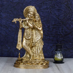 ARTVARKO Radha Krishna Brass Murti Murli Kishan Playing Flute Radha Idol Standing with Peacock for Home Mandir Decor Marriage Height 11 Inch