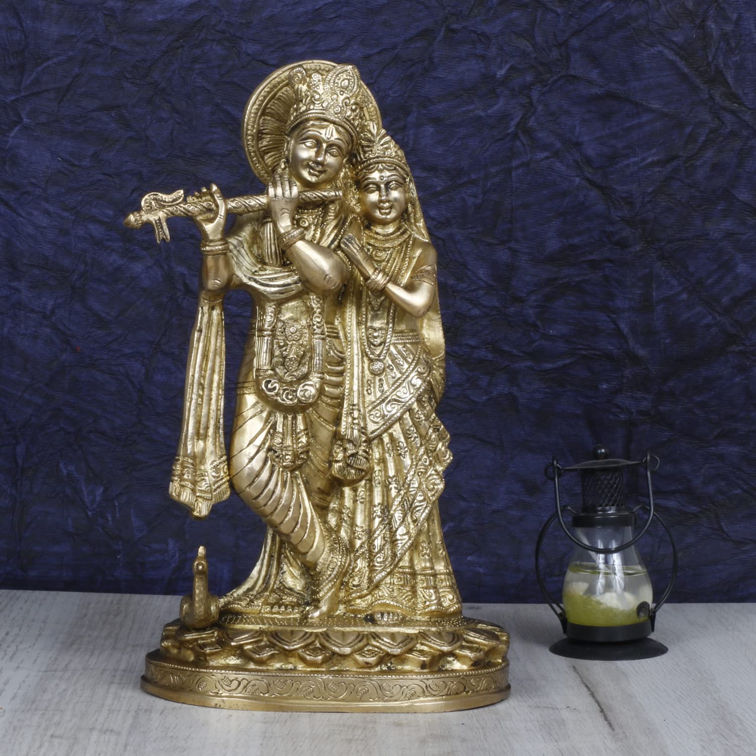ARTVARKO Radha Krishna Brass Murti Murli Kishan Playing Flute Radha Idol Standing with Peacock for Home Mandir Decor Marriage Height 11 Inch