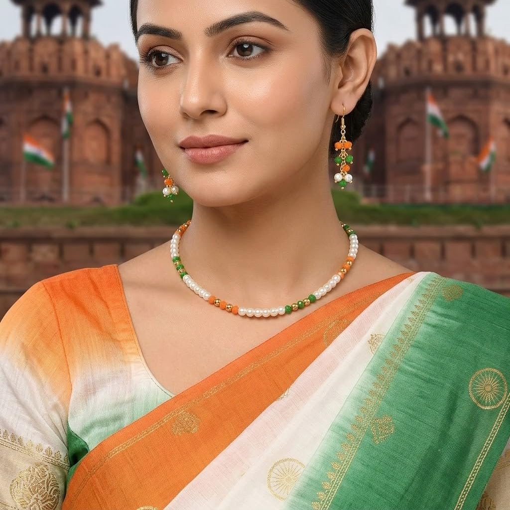 JFL - Jewellery for Less Fancy Tricolour Handmade Pearls and Beaded Necklace Set for Women & Girls | Independence Day & Republic Day Jewellery | Fashion Necklace with Matching Earrings