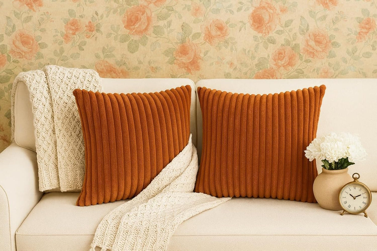 AWARD VELVETS Premium Faux Rabbit Fur Plush Luxury Soft Fluffy Striped Decorative Throw Pillow/Cushion Covers for Sofa, Couch, Living Room - (Rust, 24 x 24 inch) Set of 1