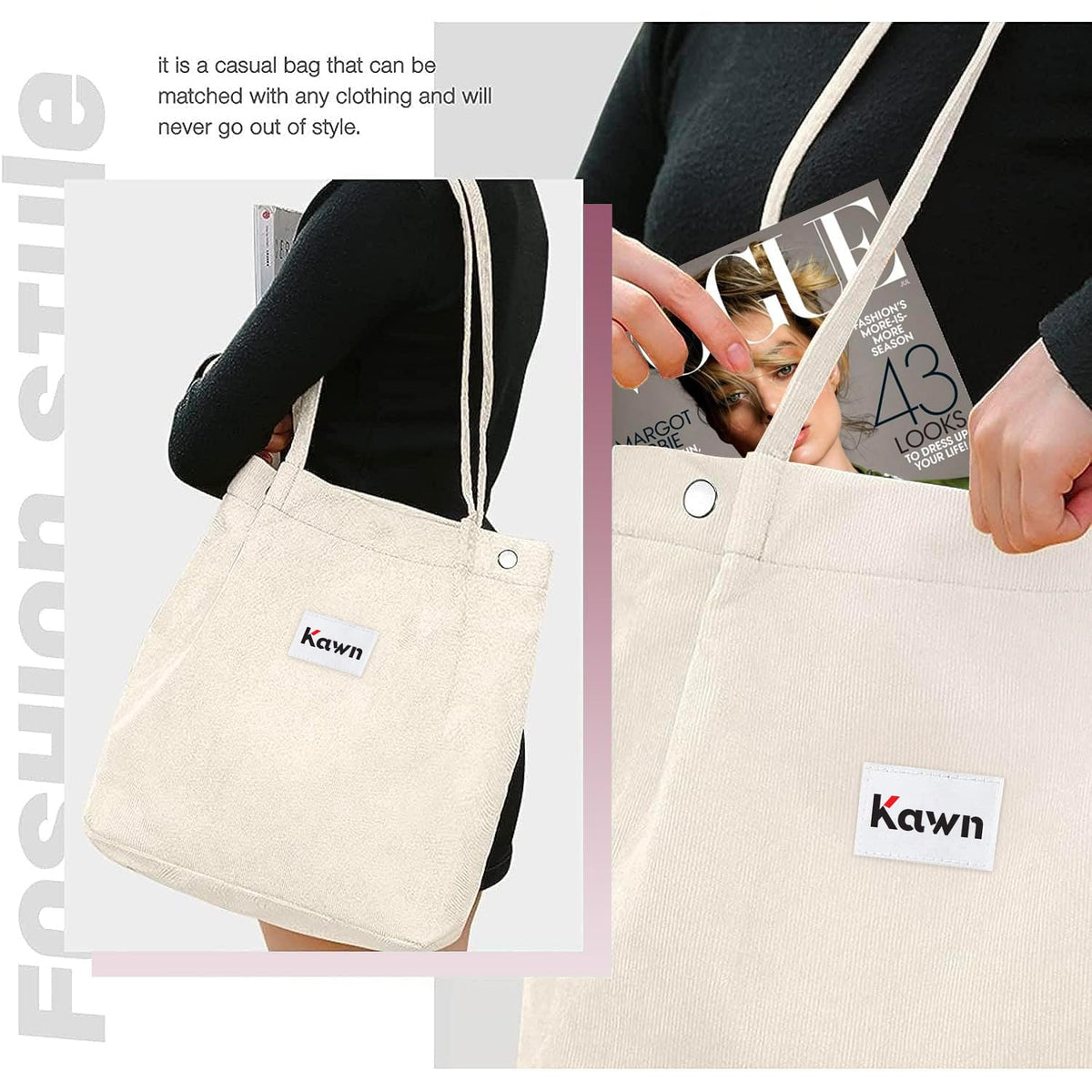 Kawn Women Corduroy Western Tote Bag Canvas Shoulder Cord Purse Reusable Shopping Bag Grocery Bag Large Capacity Washable Handbag Girls Shoulder Bag With Inner Pocket For Daily Use Work Travel (Beige)