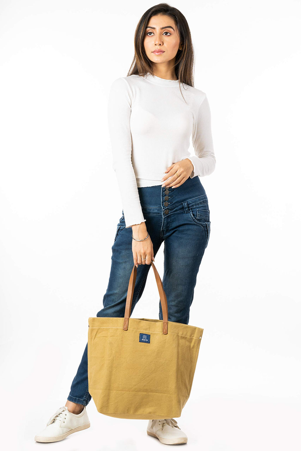 AQVA Cotton Thick Canvas Tote Bag for Women (17.5x13x6) | Trendy Stylish Multipurpose Handbag with Inside Pockets and Zipper | Shoulder Bag for Shopping, Beach, Travel and Work | Sand