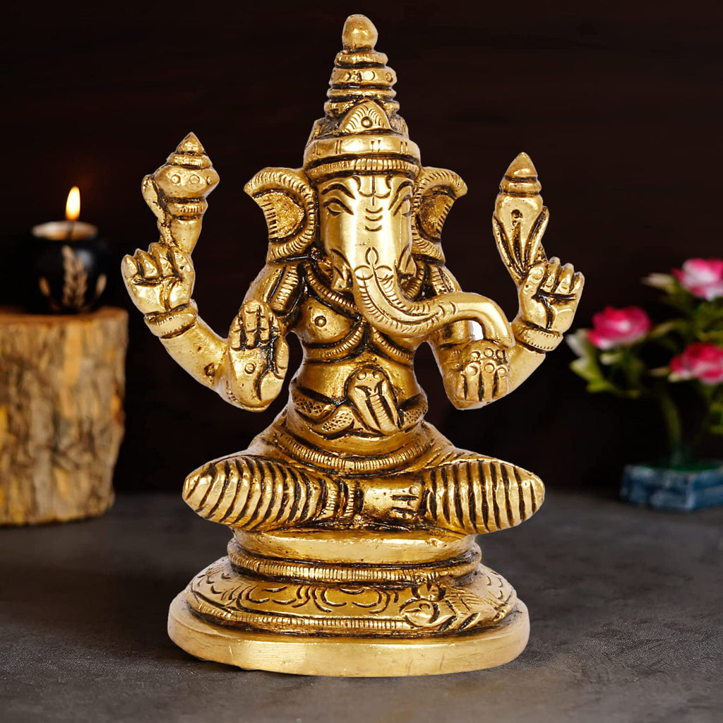 ARTVARKO Brass Lord Ganesha Sitting Statue Idol Ganesh Murti Home Decor for Puja Height 3.5 Inches