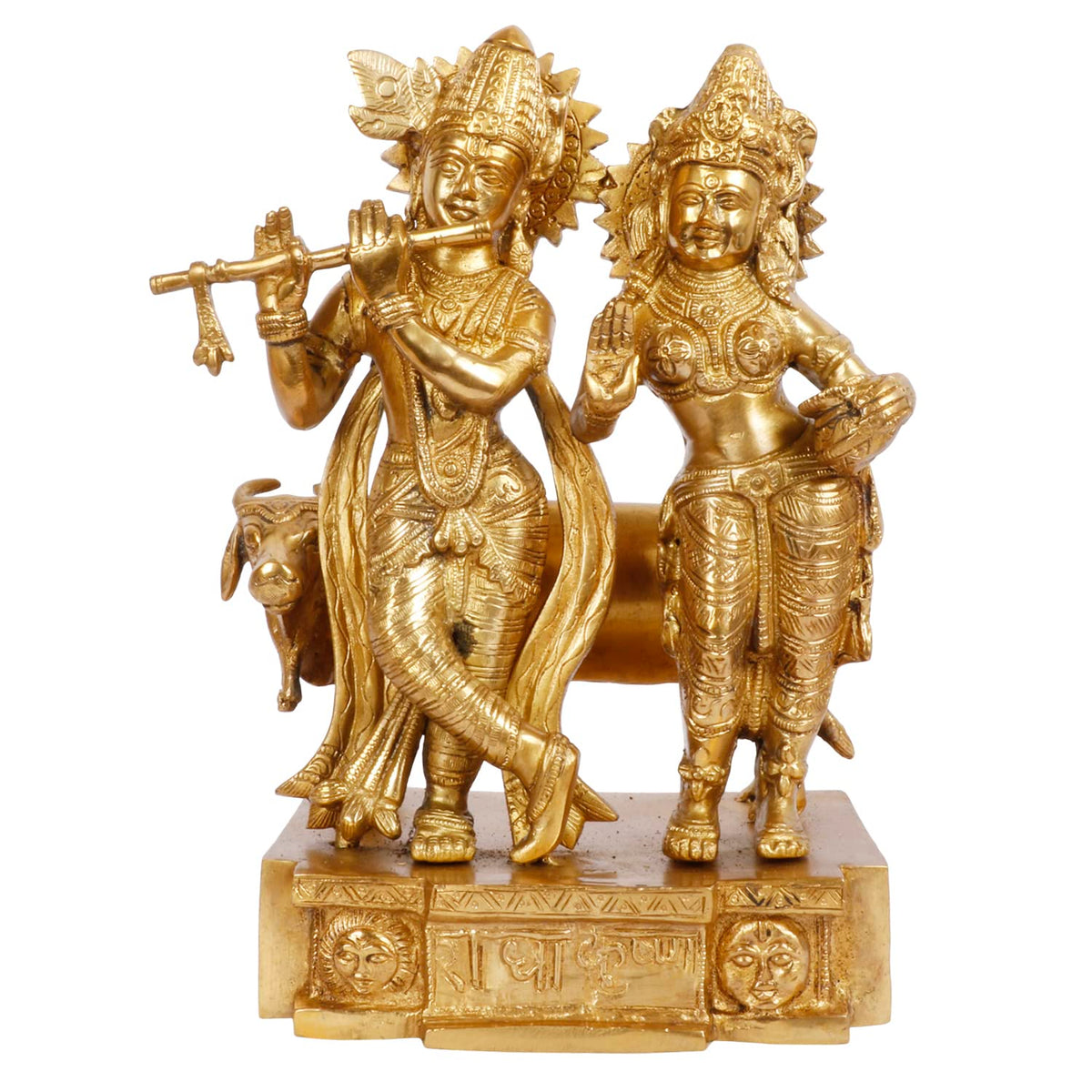 ARTVARKO Brass Radha Krishna with Cow Standing Playing Flute Statue for Home Mandir Pooja Krishan Ji Murti Temple Puja Office Home Décor Showpiece Gift 11.5 Inch.
