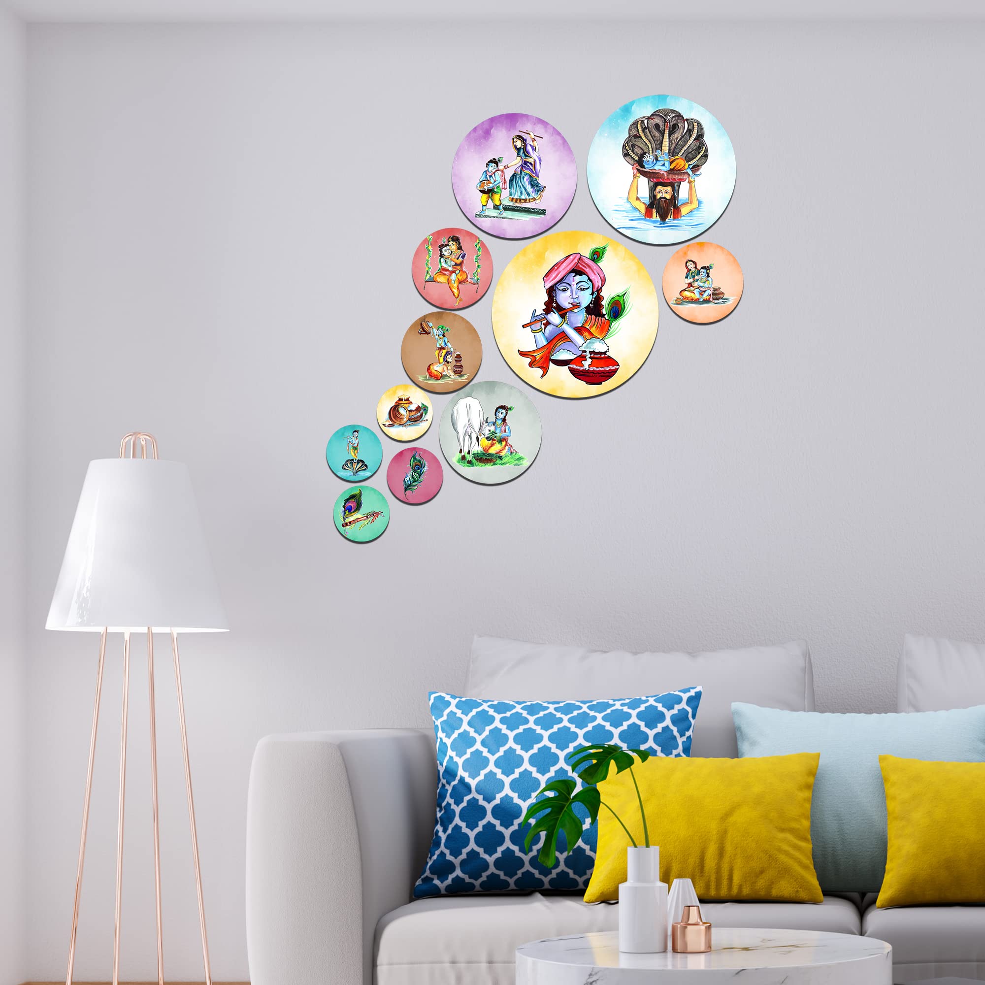 Artvibes Lord Krishna in Different Types Activities Round Shape MDF Wooden Wall Decor Items | Spiritual Decor Items | Wall Poster | Artwork | Painting | Gift Items (WPS_118N), Set of 11