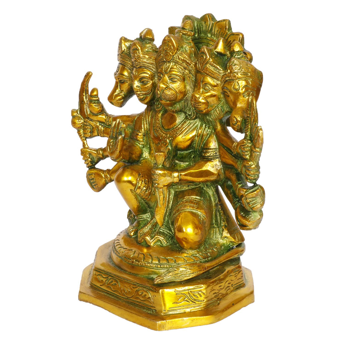ARTVARKO Brass God Panchmukhi (Five Faced) Bajrangbali Sankat Mochan Hanuman Idol Statue Murti for Home Office Entrance Décor Temple Mandir Pooja Puja Antique Greenish Gold 7 Inches