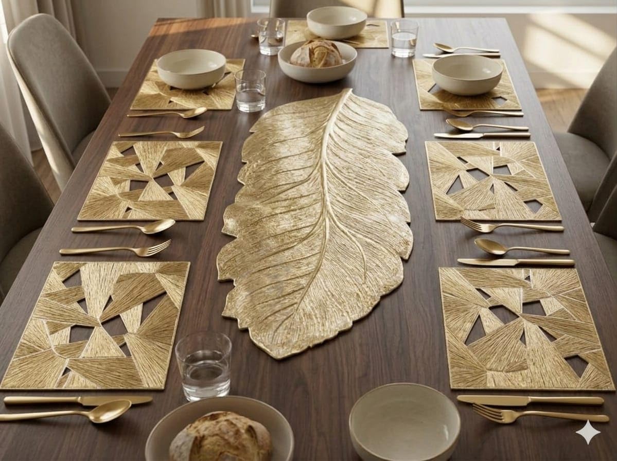 Table Mat Runner Combo Set for Dining Table Reusable Placemat Set for Home Kitchen Everyday Dining and Table Setup (geomatric Prism + Tropical Leaf Runner, Pack of 7 (6+1)) Kafalo