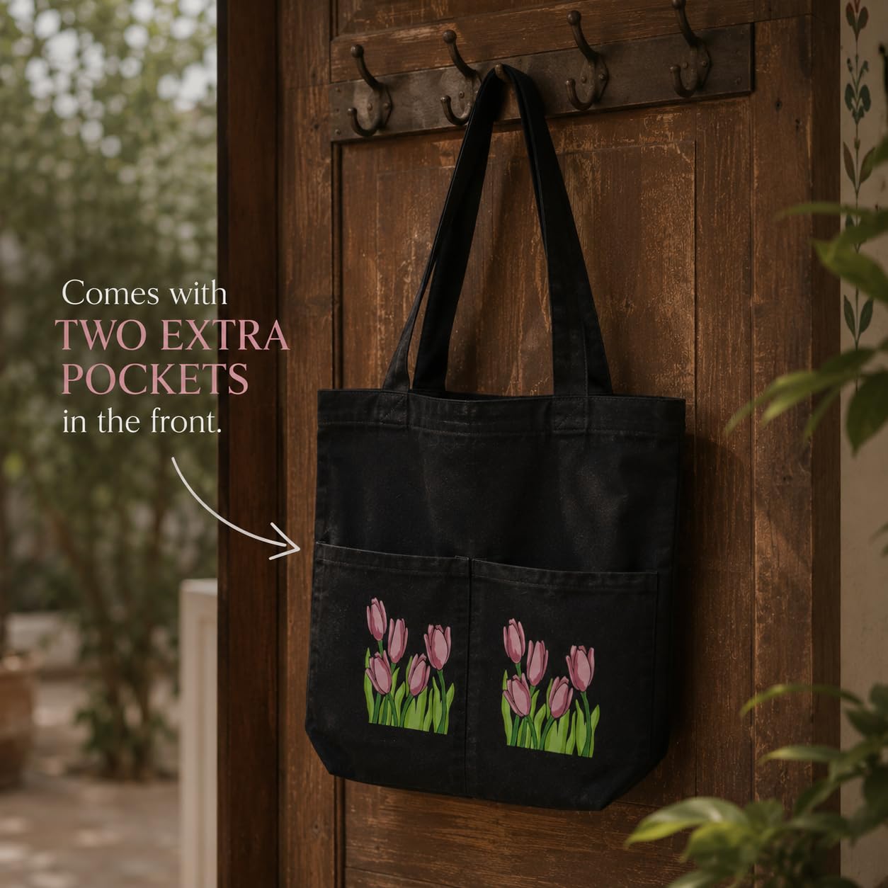 Suryatra Noir Tulip Canvas Tote Bag for Women & Men | Premium Cotton Canvas Shoulder Bag with Dual Front Pockets | Tote Bag for Office, College, Shopping & Travel | Black | 14 x 16 Inches