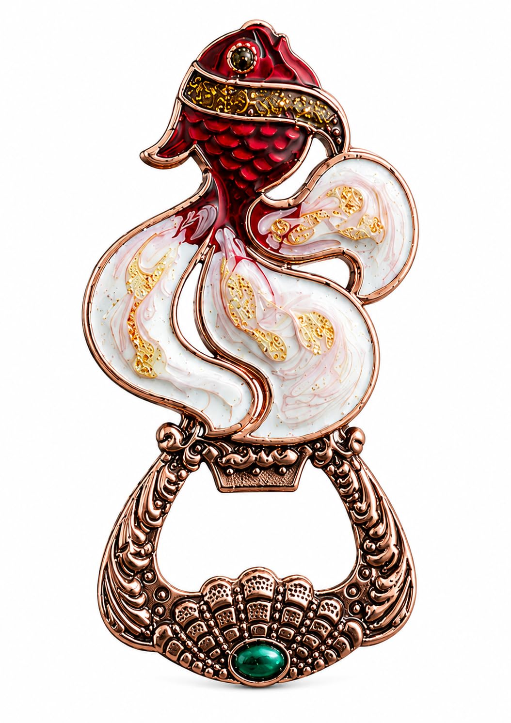 DECOR NEST Luxury Fish Bottle Opener with Refrigerator Magnet | Decorative Metal | Beer Opener with Crystal Stone Embellishments | Vintage Style Home Bar Accessory (RED Copper Fish)