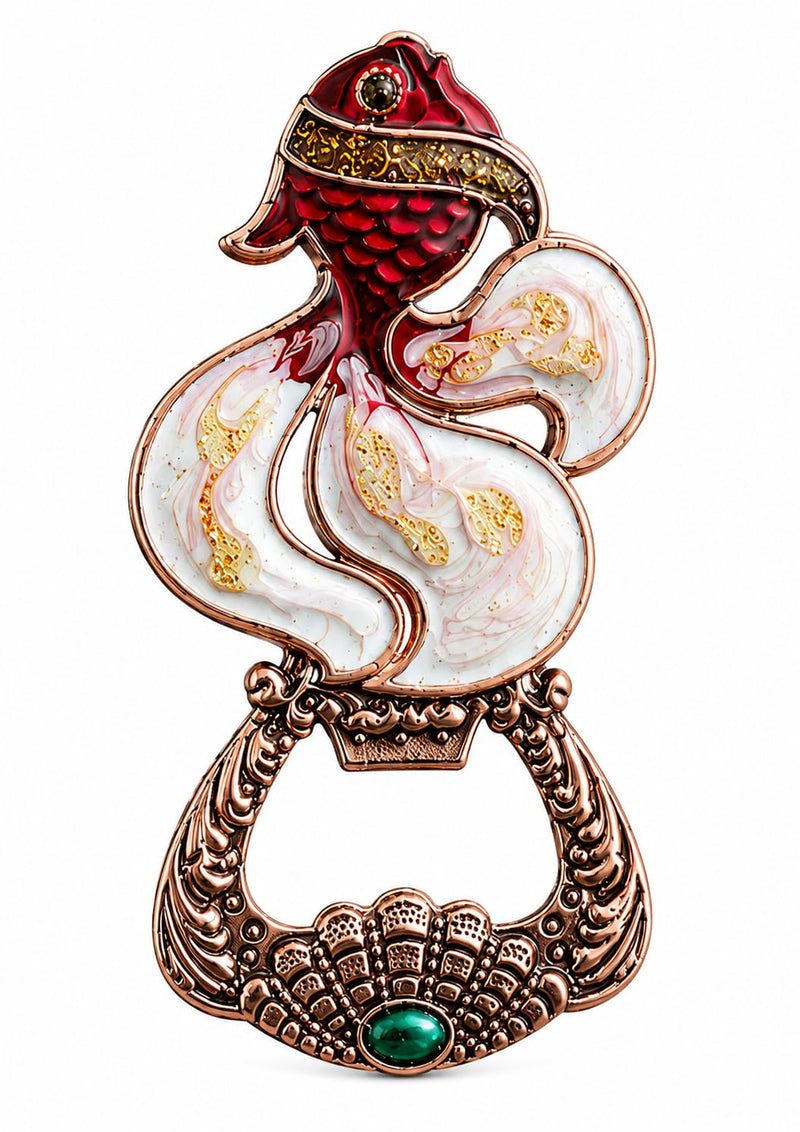 DECOR NEST Luxury Fish Bottle Opener with Refrigerator Magnet | Decorative Metal | Beer Opener with Crystal Stone Embellishments | Vintage Style Home Bar Accessory (RED Copper Fish)