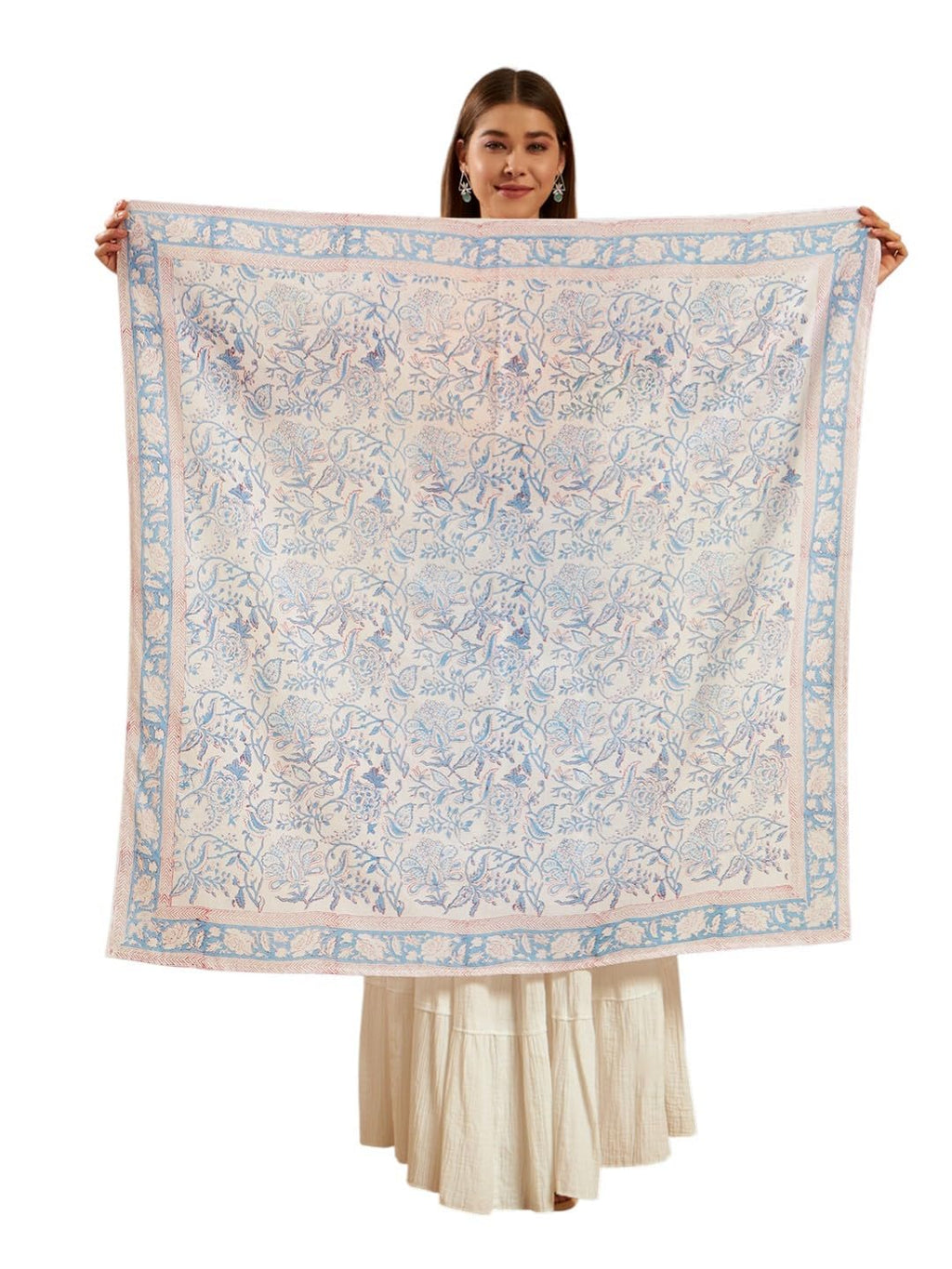 Ravaiyaa - Attitude is everything Sanganer Hand Block Printed Scarves Pure Cotton Scarf Square Hijab Dupatta 40 X 40 Inch (Blue White Floral)