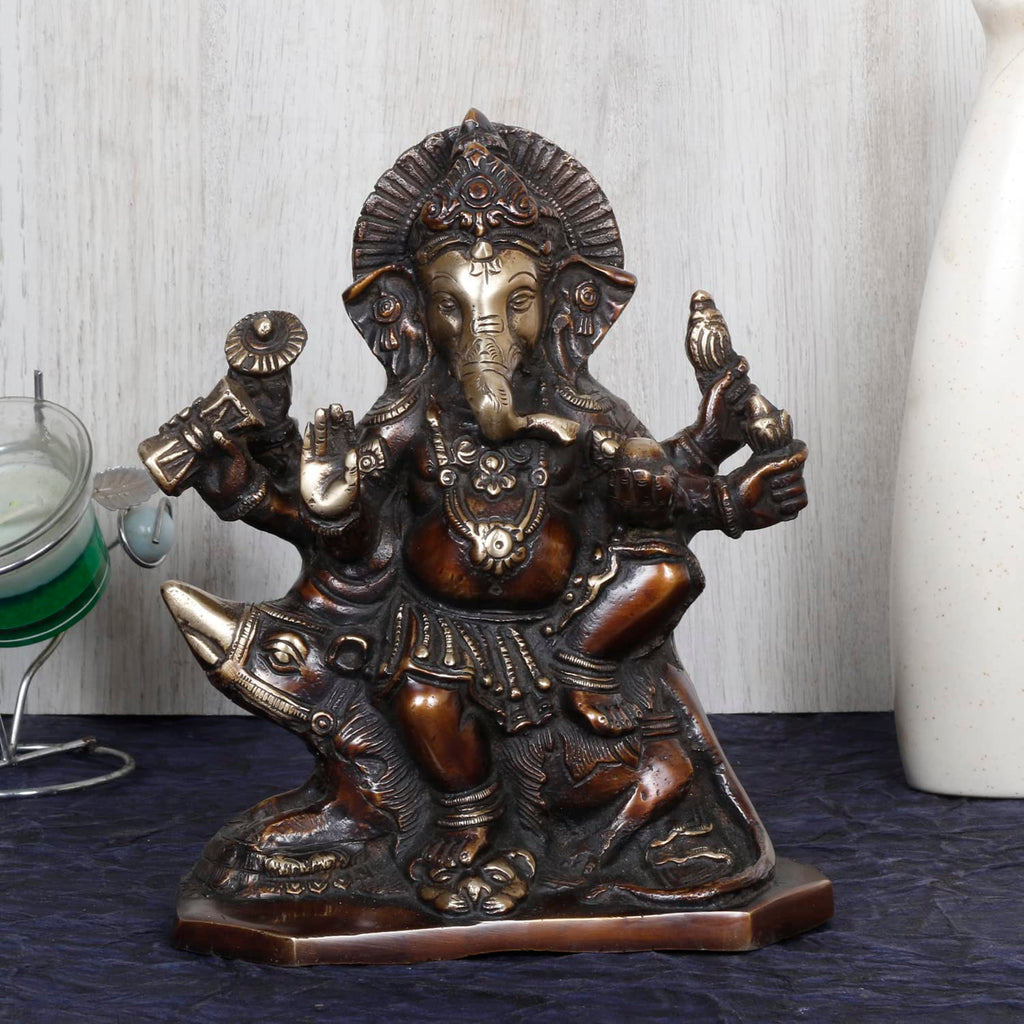 ARTVARKO Brass Ganesh Six Arms Ganesha Sitting on Rat Statue Idol for Temple Puja Home Entrance Decor Luck Gift Height 8 Inch