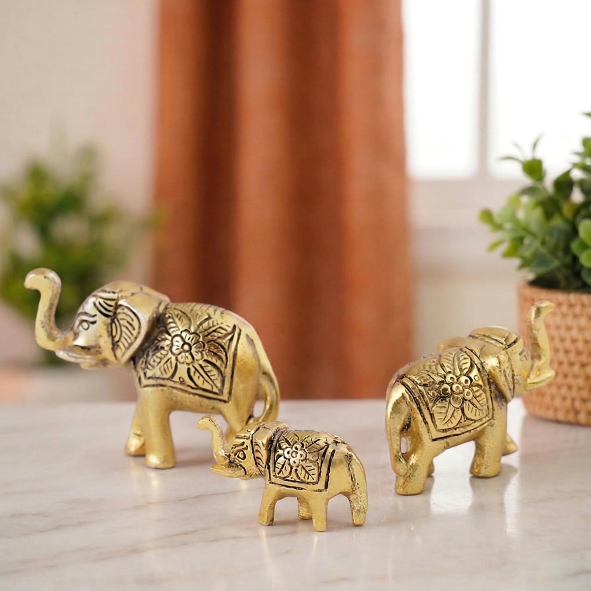 KridayKraft Metal Elephant Showpiece Set of 3 (Gold Polish) - Small Trunk Up Vastu Animal Statues for Home Decor, Office Table, Living Room & Housewarming Gifting