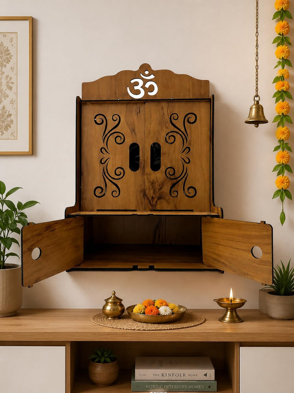 EXPRO Wooden Pooja Mandir with KANHAJI Cut Decorative with Door Engineered Wood Home Temple