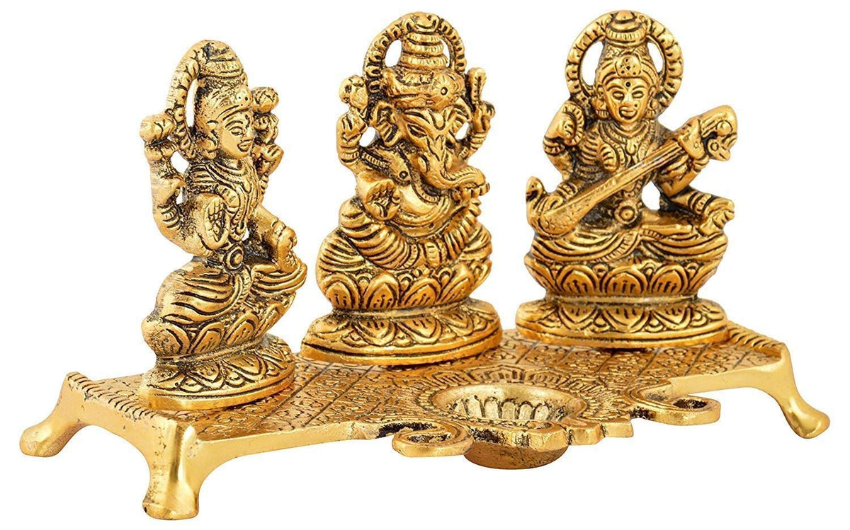 KridayKraft Laxmi Ganesh Saraswati Metal Idol Decorative Platter with Diya (Gold)