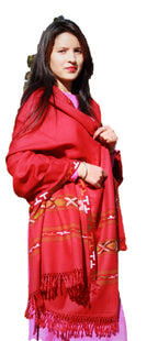 HImalayanKraft Hand Woven Kullu Handloom Pure Woolen Shawl Dark Red Colored with Beautiful Kullu Weaving Designed for Women and Girls.