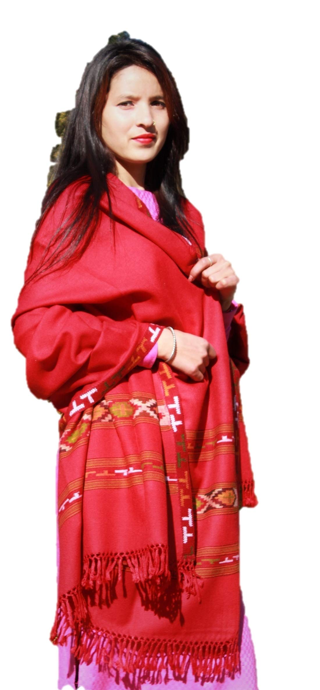 HImalayanKraft Hand Woven Kullu Handloom Pure Woolen Shawl Dark Red Colored with Beautiful Kullu Weaving Designed for Women and Girls.