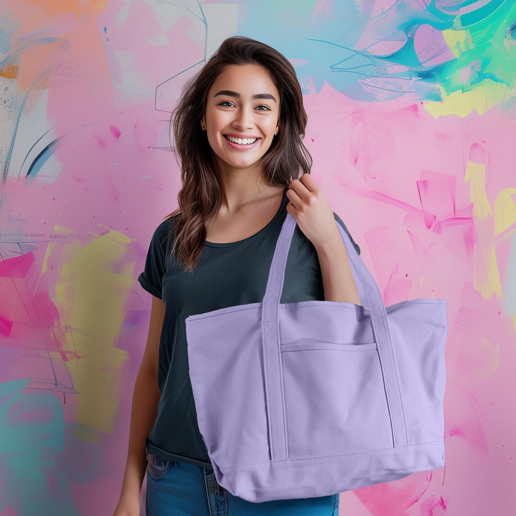 DALIX Womens 23 Deluxe 24 oz. Cotton Canvas Tote Bag Zippered, Lavender, Large