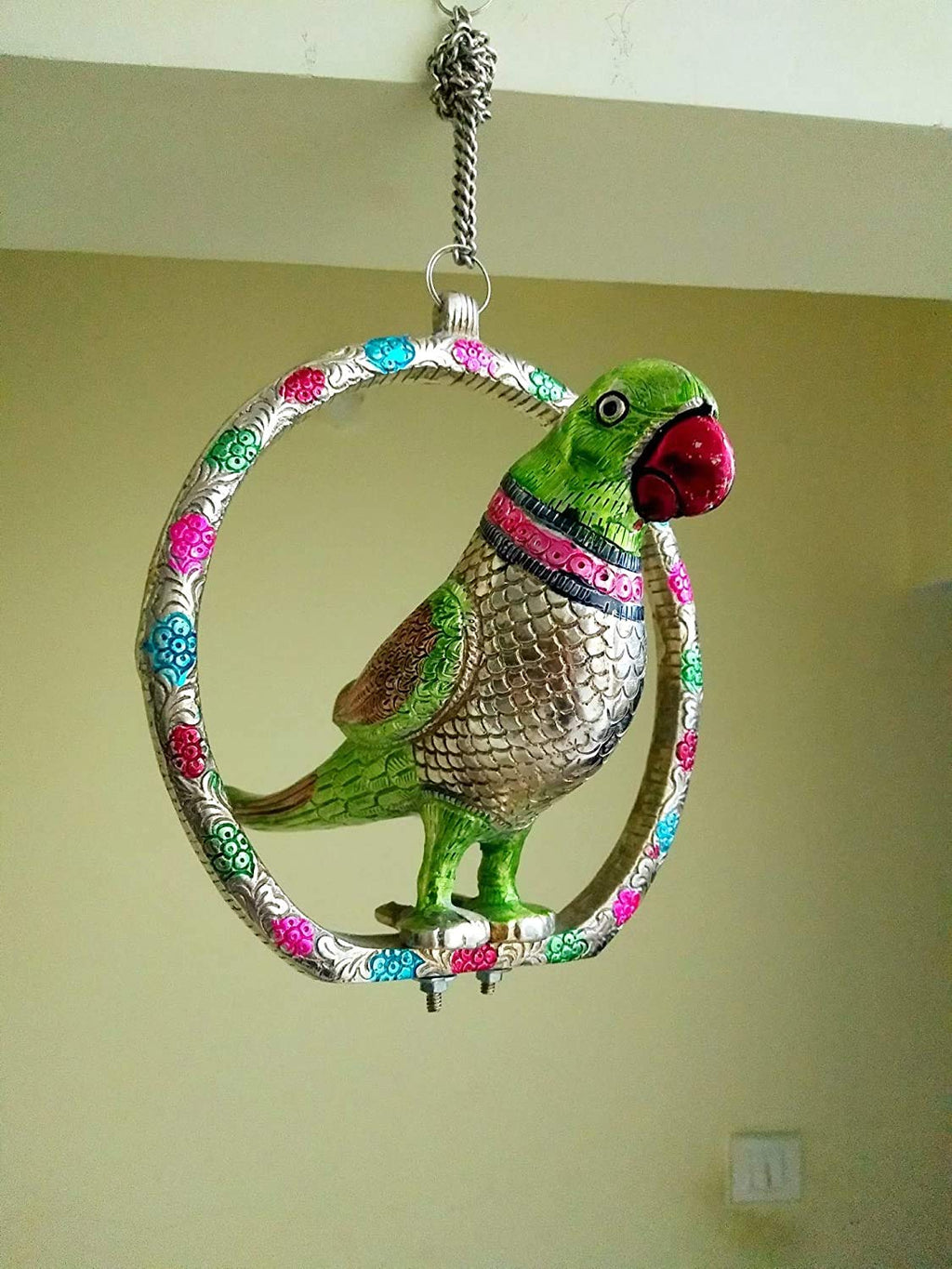 KridayKraft Prince Home Decor & Gifts Hanging Parrot Showpiece – White Metal Decorative Bird with Green Accents & Chain for Home Décor, Balcony (24 x 7.5 x 21 cm, 910 g, 50 cm, Silver)