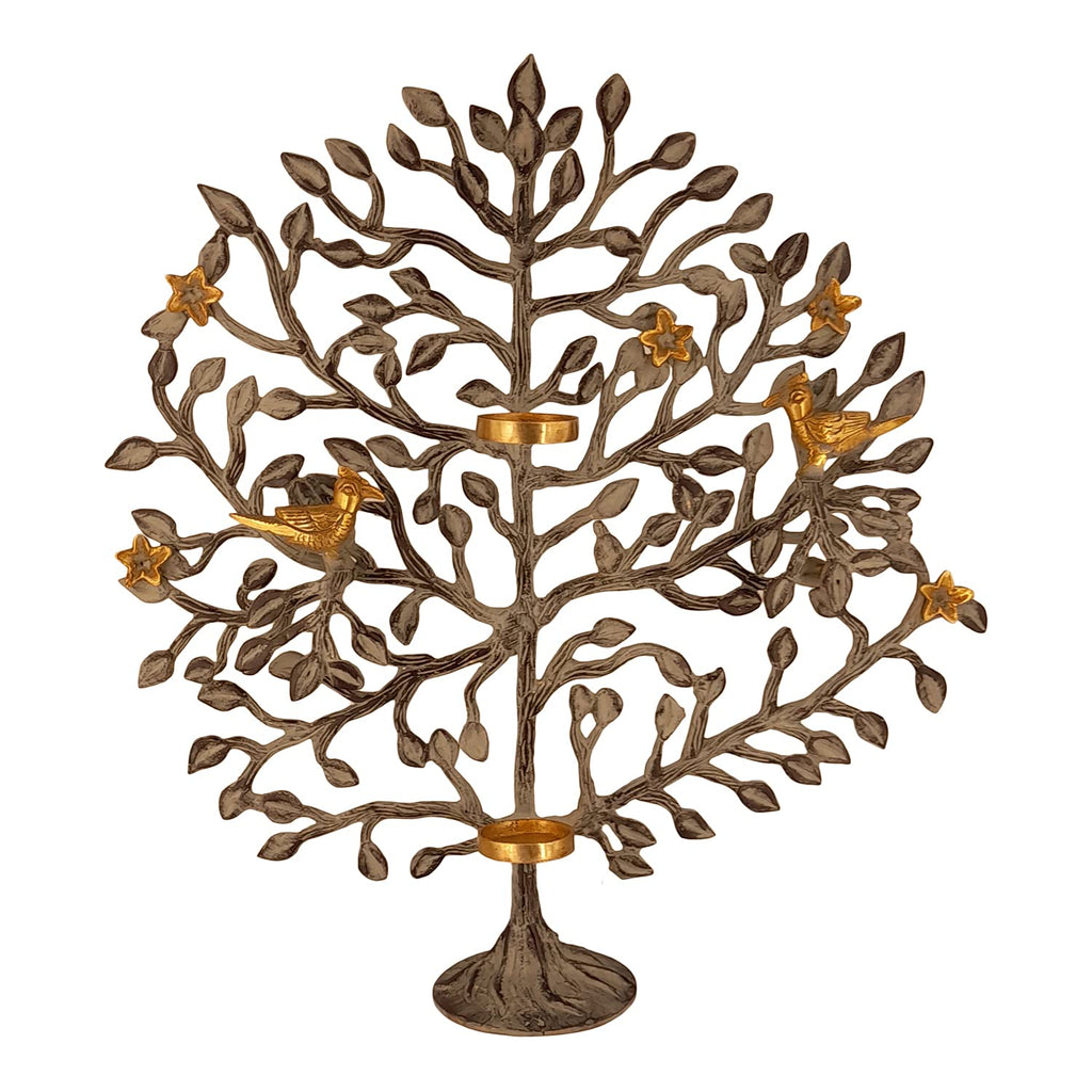 Artvarko Brass Tree of Life Candle Holder Stand with Birds Sitting on Tree's Branch Traditional and Decorative Kalpavriksha (Brown & Gold 15x17 Inches)