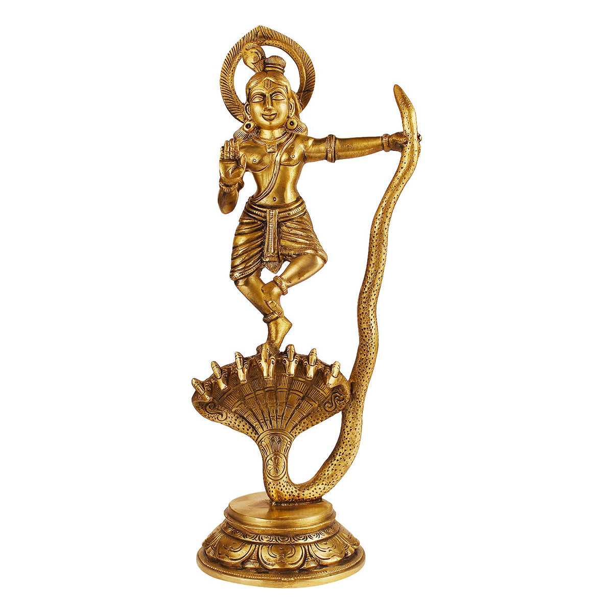 ARTVARKO Brass Dancing Krishna on Kaliya Naag Sheshnag Idol Krishan Decorative Showpiece Figurine for Pooja Room & Gift
