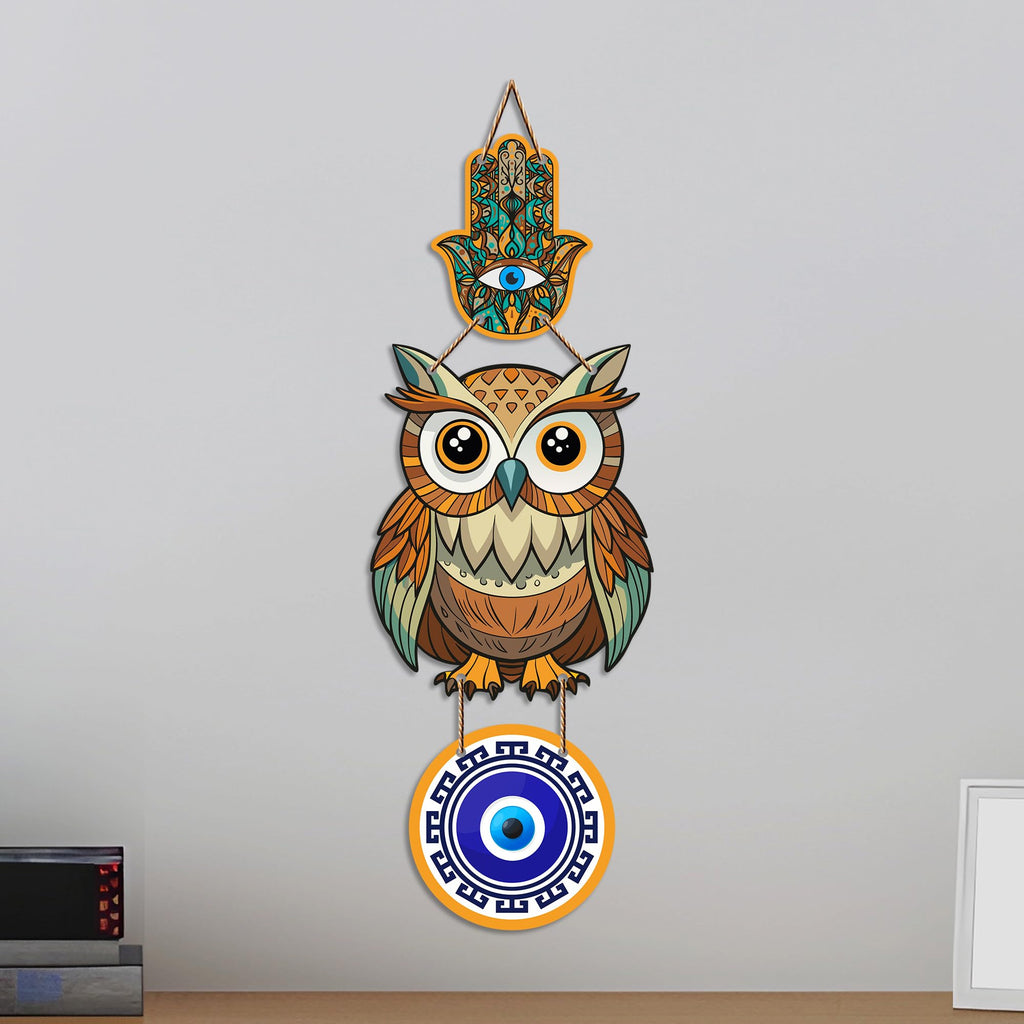 Artvibes Lucky Owl Evil Eye Hanging Decor for Main Door & Entrance | Nazar Protection MDF Wall Art | Vastu Decorative Accent for Living Room | Office | Balcony & Hallway | Home Decoration (WH_8524N)