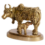 ARTVARKO Cow and Calf Statue Brass Kamdhenu Vastu Devta Carving on Gau MATA Idol, Vastu Nandi Pooja Figurine Sculpture, for Home and Office(11x7x9 cm)